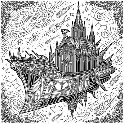 Embark on an otherworldly coloring journey with this unique Gothic Medical Frigate template. This design flawlessly merges the majestic beauty of Victorian architecture with the dark allure of deep space, offering a captivating challenge.