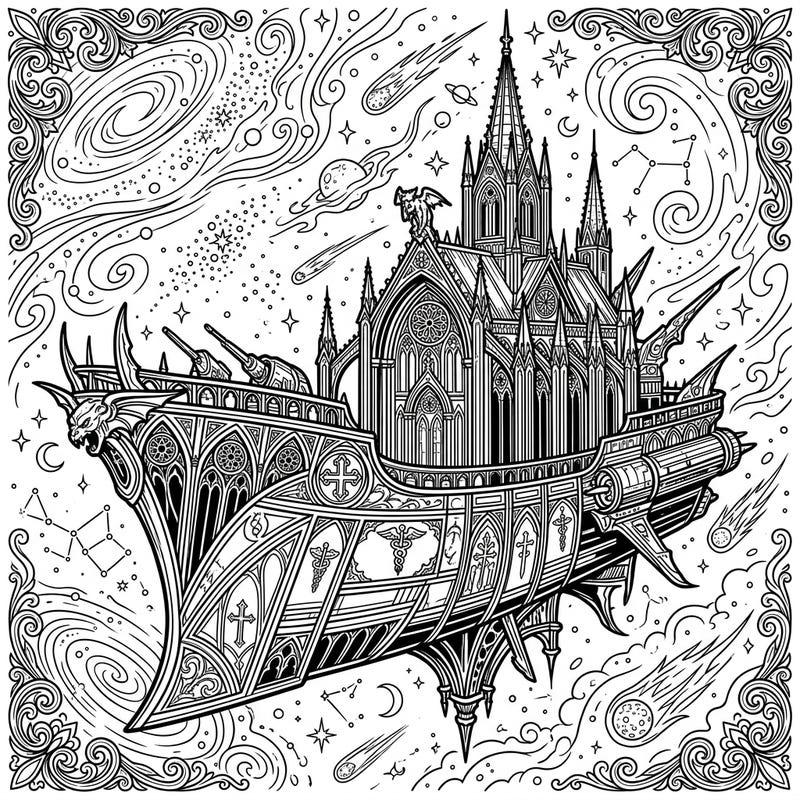 Embark on an otherworldly coloring journey with this unique Gothic Medical Frigate template. This design flawlessly merges the majestic beauty of Victorian architecture with the dark allure of deep space, offering a captivating challenge.