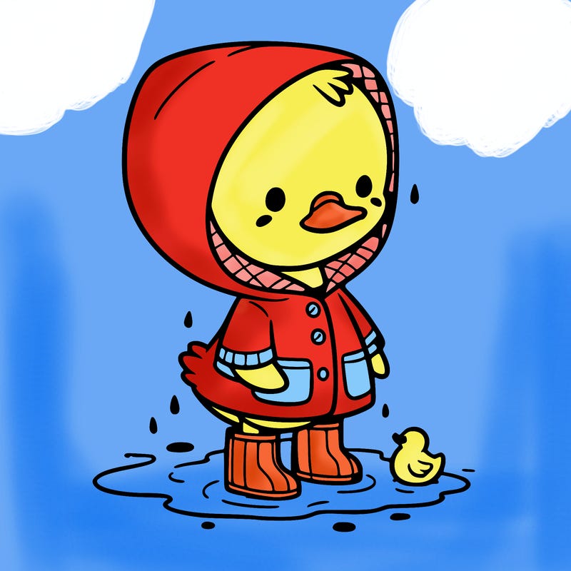 baby duck in a rain coat and boots, in a puddle while it’s raining
