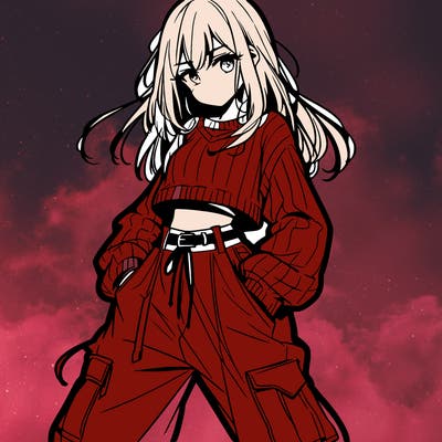 anime teen girl with baggy pants and crop top with sweater