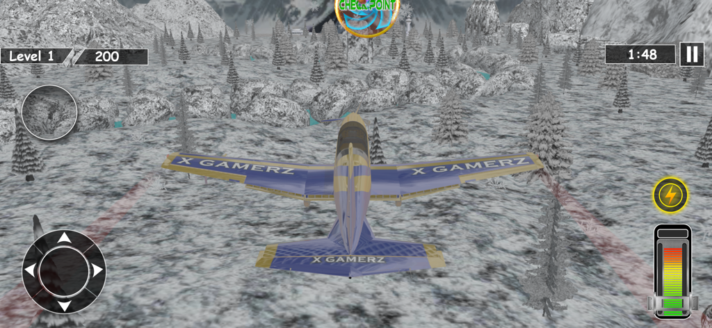 A blue and yellow stunt plane flying over a snowy mountain landscape in the Airplane Flight Simulator Game.