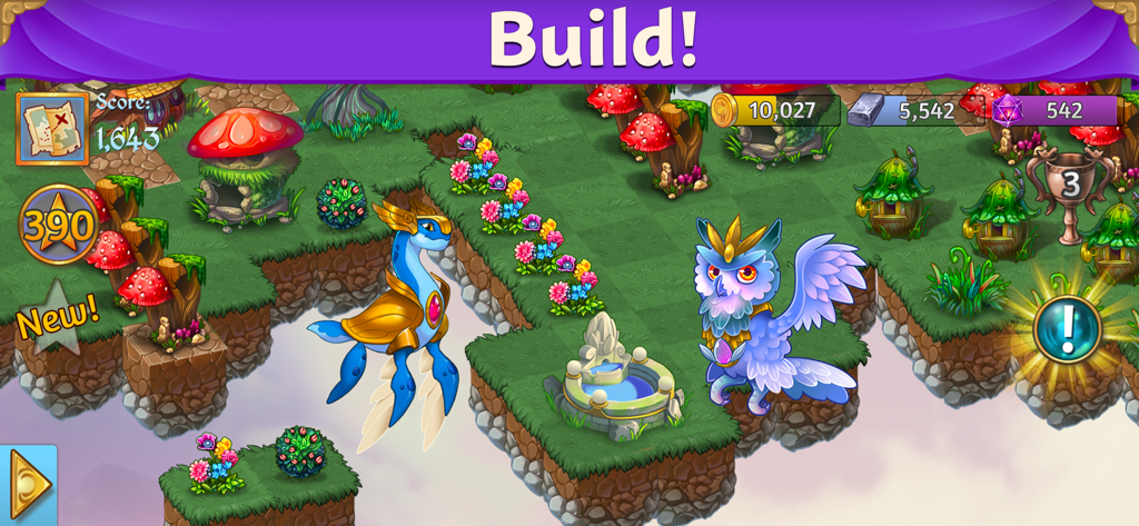 Gameplay screenshot of Merge Dragons showing the camp building feature with mystical creatures and colorful plants