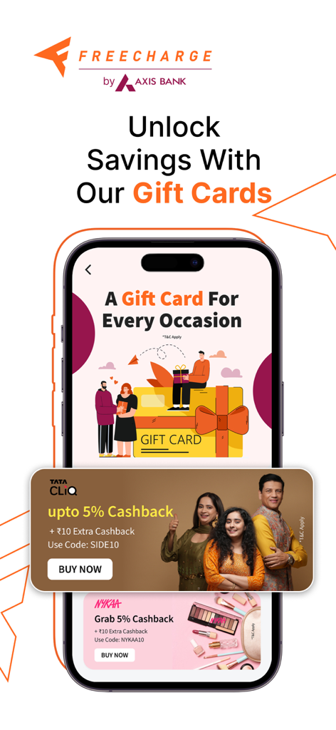 Smartphone screen showing Freecharge gift card offers and cashback rewards