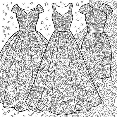 Step into a world of elegant fashion and intricate artistry with our Zentangle Party Dresses coloring pages. Discover beautiful gowns adorned with complex, meditative patterns perfect for a creative escape.