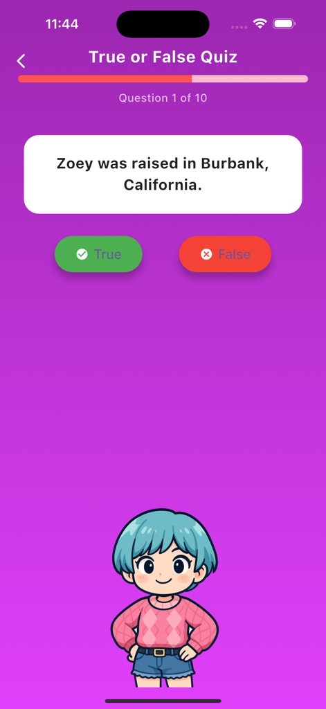 Kpop Quiz & Coloring Game - Kpop trivia game interface showing a true or false question with a cute chibi character on a purple background