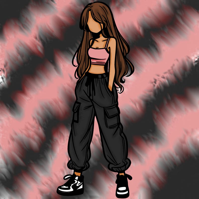 girl in baggy pants crop top and long hair