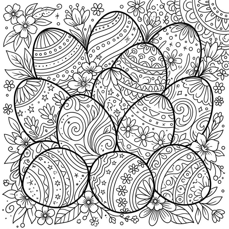Get ready to add a dazzling touch to your Easter celebrations with this intricate Glitter Easter Eggs coloring page. Each egg is adorned with unique patterns, surrounded by beautiful spring blossoms, inviting you to unleash your creativity.