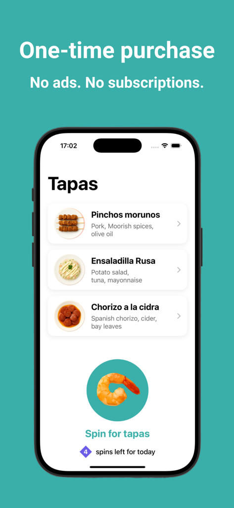 Tapas Spinner - Interfaz de la aplicación Tapas Spinner que muestra una lista de platos españoles y un botón de giro para sugerencias de comida.
