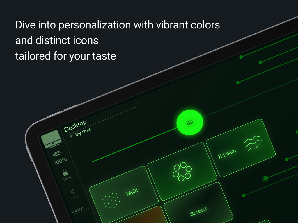 ネオングリーンのアイコンとボタンを備えたカスタマイズ可能なMetaGrid ProインターフェイスがiPad画面に表示されています