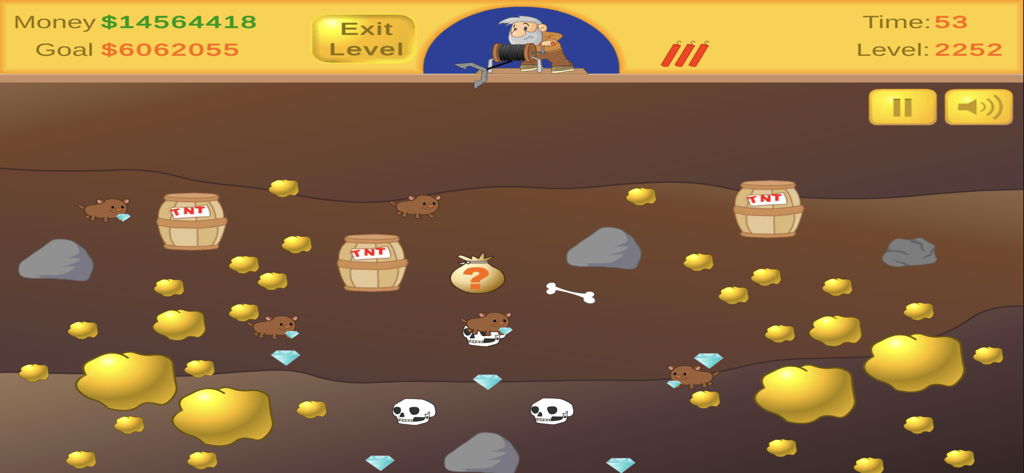 Gameplay of Classic Miner showing a miner collecting gold and diamonds.