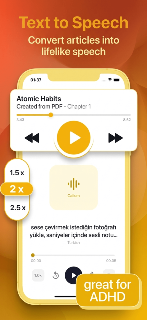 Text to Speech: Speech AI - Interfaz de la aplicación móvil que muestra la conversión de texto a voz de un artículo PDF con velocidades de reproducción ajustables y una insignia de accesibilidad para TDAH.