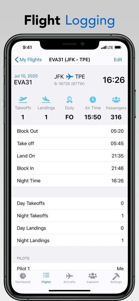 Captain Logbook - Digitale Flugbuch-Oberfläche, die detaillierte Flugzeiten und Landestatistiken für einen kommerziellen Piloten anzeigt