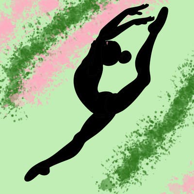 gymnast doing a leap in a leotard with a bent back leg