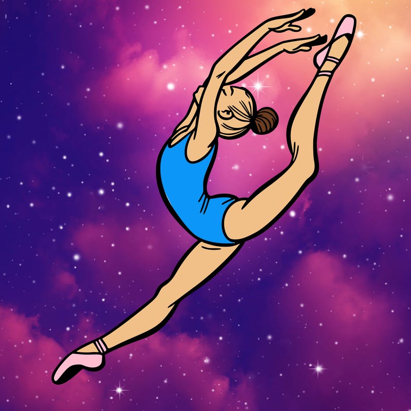 gymnast doing a leap in a leotard with a bent back leg
