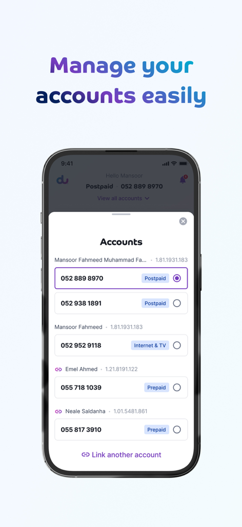 du - Painel mostrando várias contas vinculadas no aplicativo móvel du para gerenciamento de serviços de telecomunicações