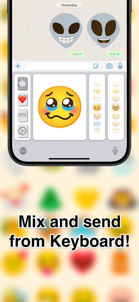 Emoji Kitchen Keyboard - Interface of the Emoji Kitchen Keyboard app showing a custom emoji mashup inside a messaging interface
