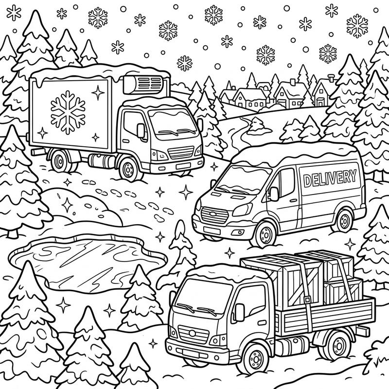 Get ready to color a bustling winter scene where essential commercial vehicles bravely navigate the snowy landscape. This enchanting page invites you to add vibrant hues to frosty firs, busy trucks, and delicate snowflakes.