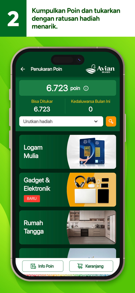 Avian Brands - Schermata di riscatto punti fedeltà dell'app Avian Brands che mostra un saldo di punti e varie categorie di premi come elettronica ed elettrodomestici