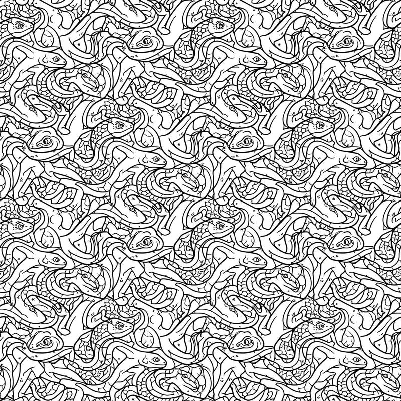 Discover a captivating world of interlocking reptiles with this unique tessellation coloring page. Featuring a continuous pattern of snakes and lizards, this design offers a satisfying challenge for coloring enthusiasts.