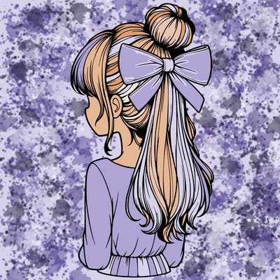 realistic girl  with hip length hair a bun and a big bow on the back of head