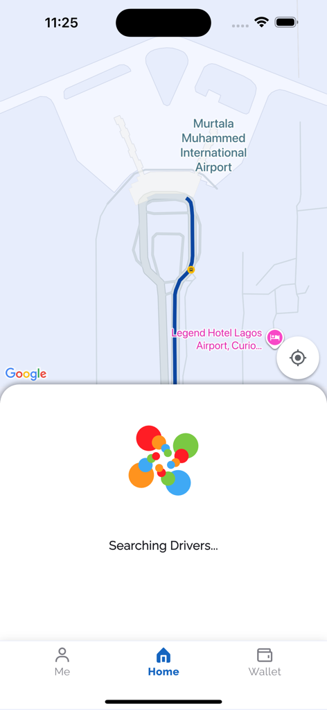 Lift: Book any ride - Lift app interface showing a map of Murtala Muhammed International Airport and a searching for drivers screen
