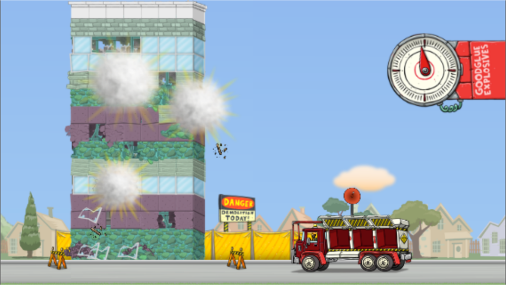 A cartoon building being demolished with explosions in the Explosive Demolition Truck app