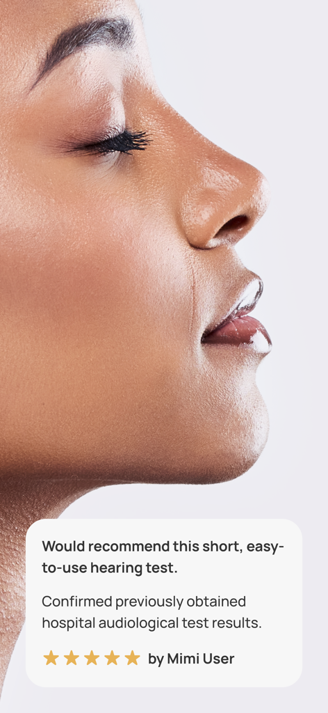 Mimi Hearing Test - Close-up profile of a person with a five-star testimonial for the Mimi Hearing Test app.