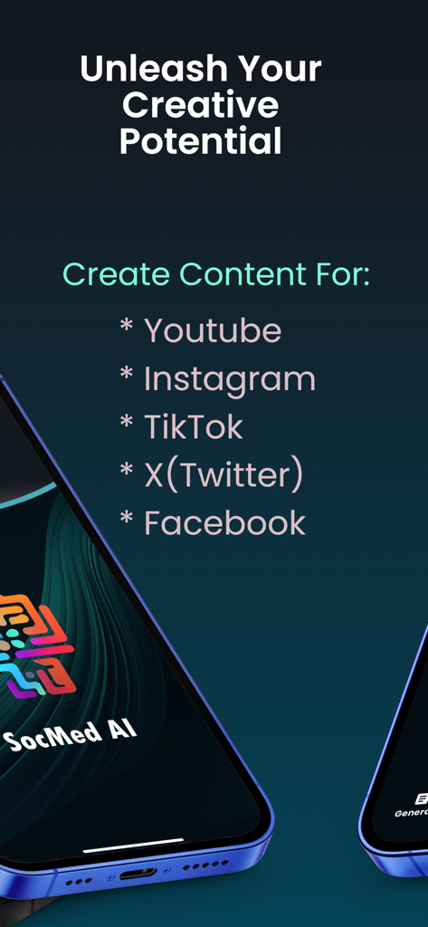 Una lista de plataformas de redes sociales compatibles para la creación de contenido, incluyendo YouTube, Instagram, TikTok, X y Facebook.
