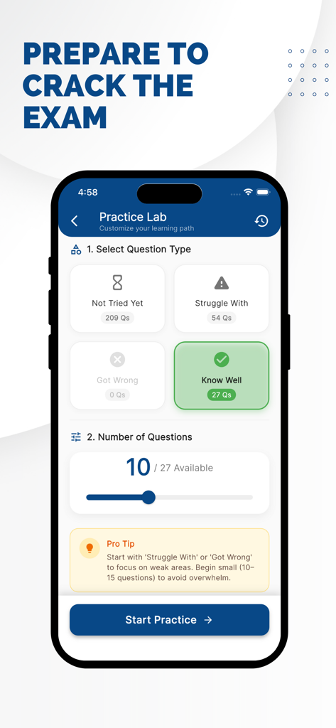 NZ Driving Theory Test 2026 - Tela do Laboratório de Prática no aplicativo NZ Driving Theory Test mostrando categorias de questões e seleção de quantidade