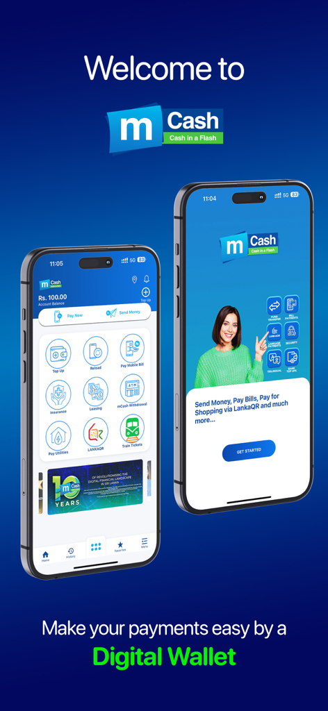 Mobitel mCash - Interfaz de la aplicación móvil Mobitel mCash mostrando la billetera digital y las funciones de pago