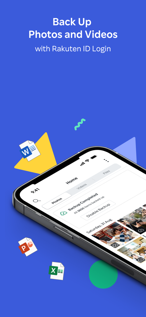Rakuten Drive - Rakuten Driveアプリのインターフェース。Rakuten IDを使用して写真とビデオのバックアップが成功したことを示しています。