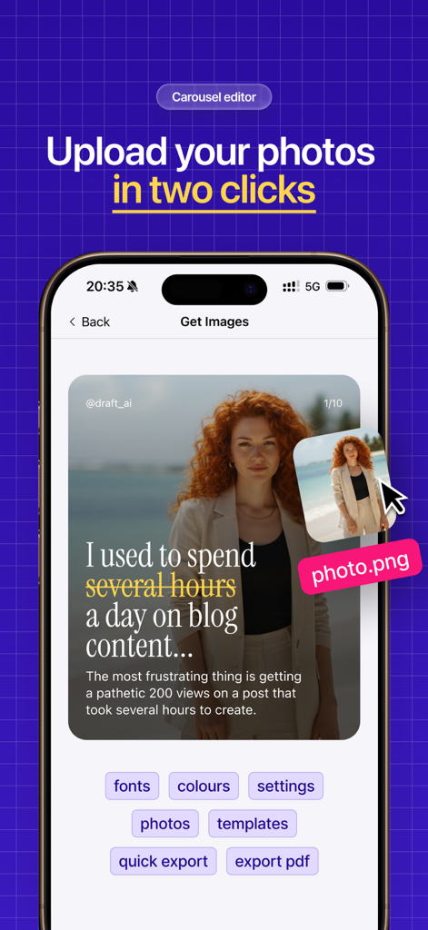 Carousel Posts Hooks: Draft AI - Interface do editor de carrossel do Draft AI mostrando como fazer upload de fotos para posts de mídia social.