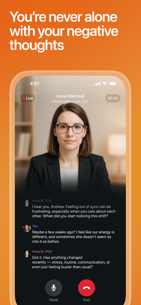 Lovon app interface showing a live AI therapy voice call with a PhD relationship coach.