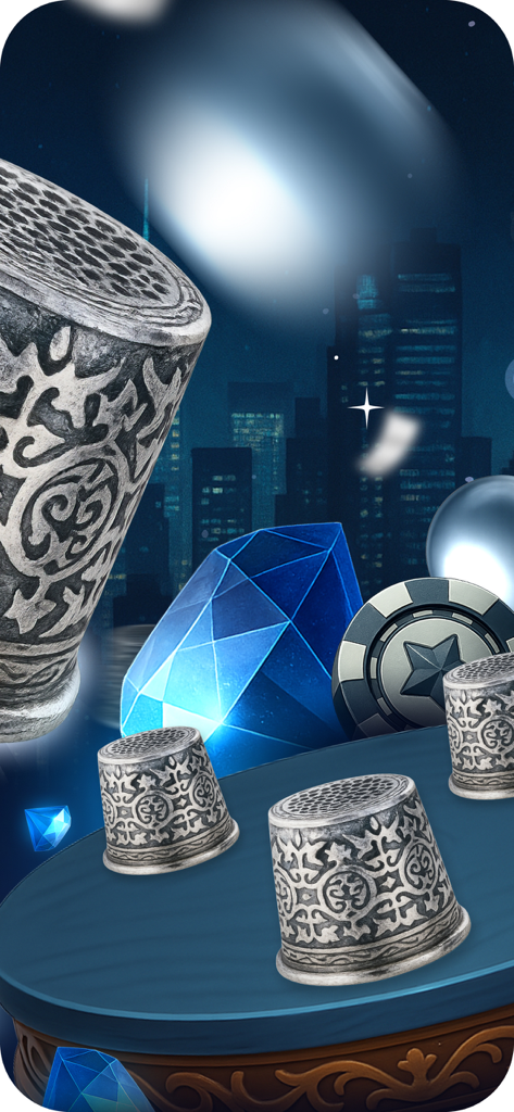 Cup Trick Hustle - Ornate silver cups and blue gemstones on a game table with a night city background