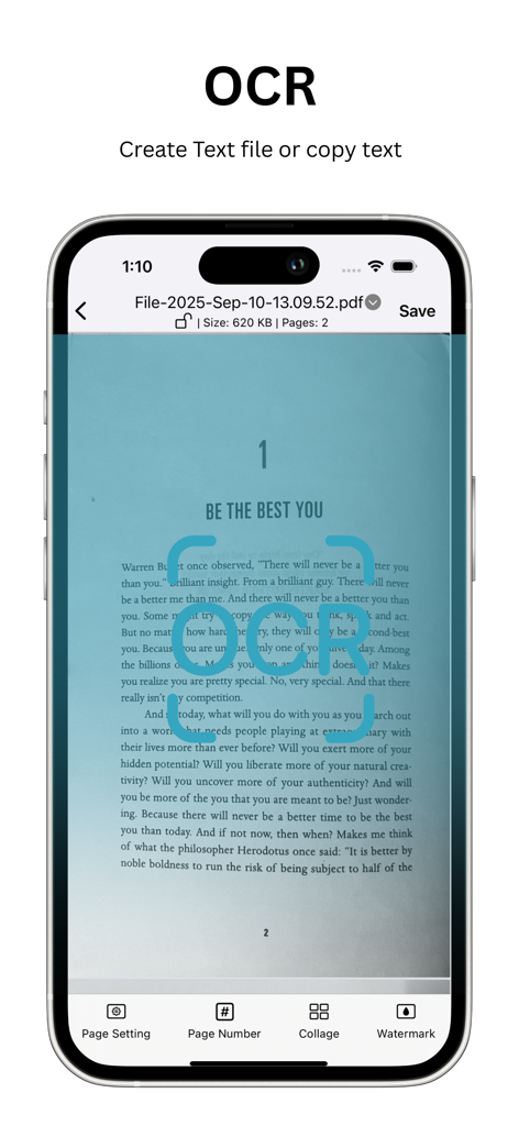 PDF Maker & Converter - PDFAPP - iPhone screen showing the offline OCR feature of PDFAPP to extract text from a document