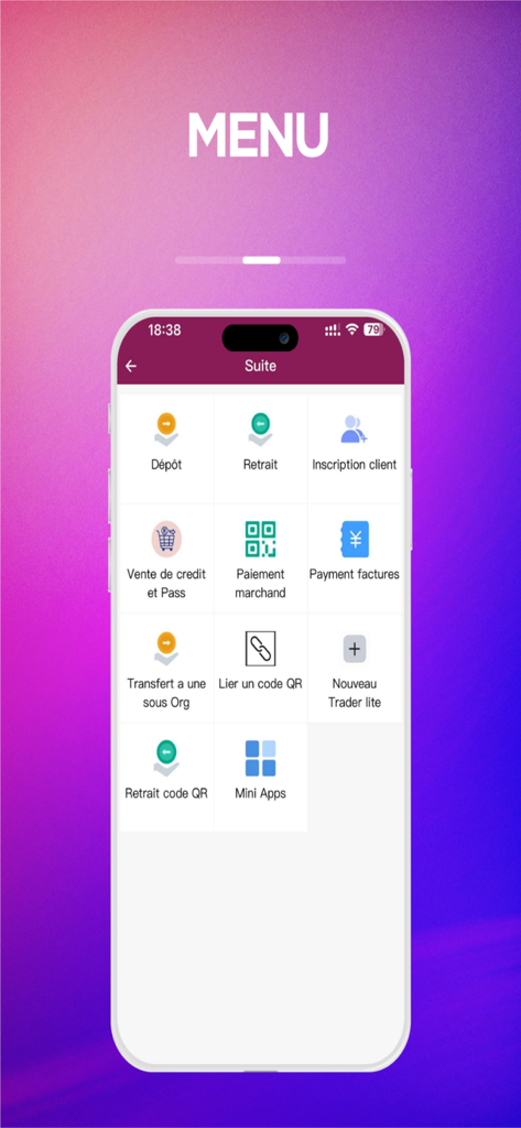 Hauptmenü der Partenaires waa App mit Geschäfts- und Finanzdienstleistungen