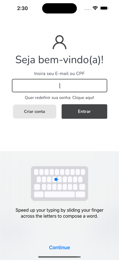 Tela de login e boas-vindas do aplicativo móvel Secret Outlet com opções de registro de usuário