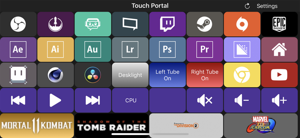 Touch Portal - Anpassbare Makro-Deck-Oberfläche in Touch Portal mit Verknüpfungstasten für OBS, Adobe Creative Cloud und Spielestarter.
