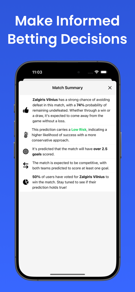 BetScore: Sports Betting Picks - iPhone screenshot of BetScore app displaying a detailed match summary with win probabilities and betting risk analysis for a football game.