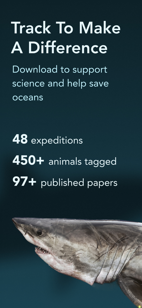 OCEARCH Shark Tracker app screen featuring a Great White Shark and research statistics on expeditions and tagging.