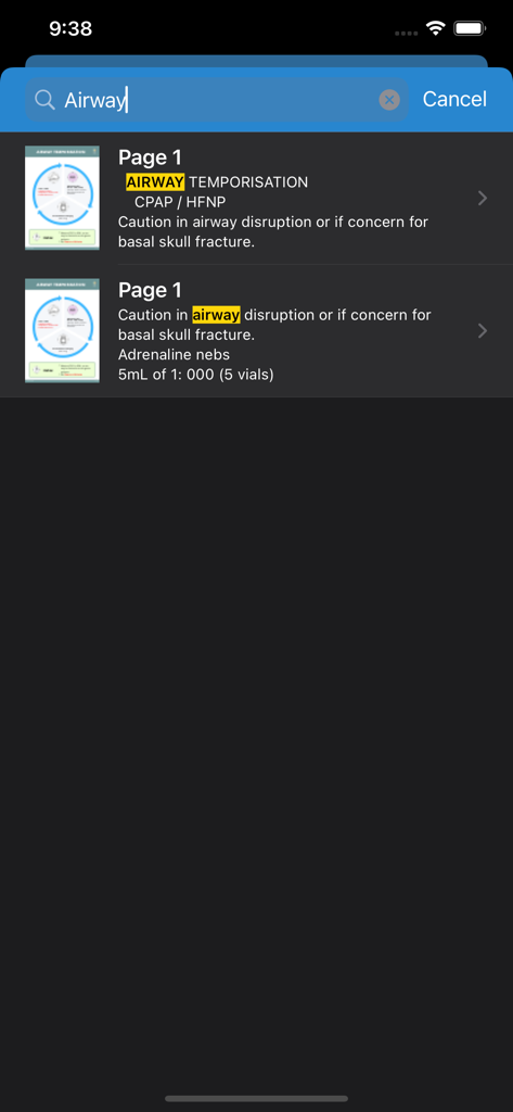 ASCAR - A mobile phone screen showing the ASCAR app search results for airway management protocols and cognitive aids