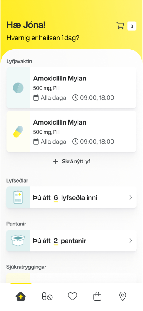 Apótekarinn - User dashboard of the Apotekarinn app displaying medication reminders and prescription status.