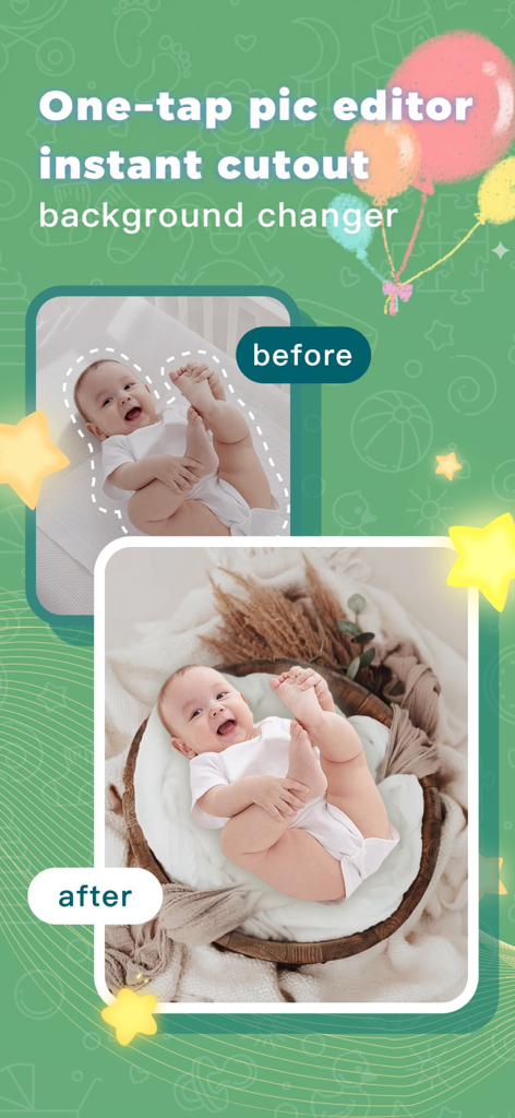 Baby AI Photo Editor LittleCam - Comparação antes e depois de uma foto de bebê transformada de um ambiente doméstico para um estilo de estúdio profissional usando o removedor de fundo com IA do LittleCam