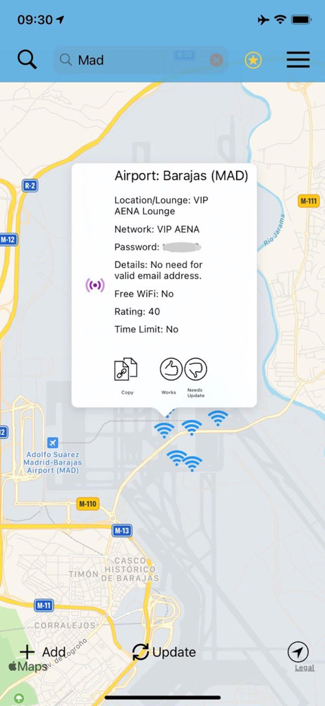 WiFox - WiFox app showing a map of Madrid Barajas Airport with a popup displaying the VIP AENA lounge wifi network and password details.