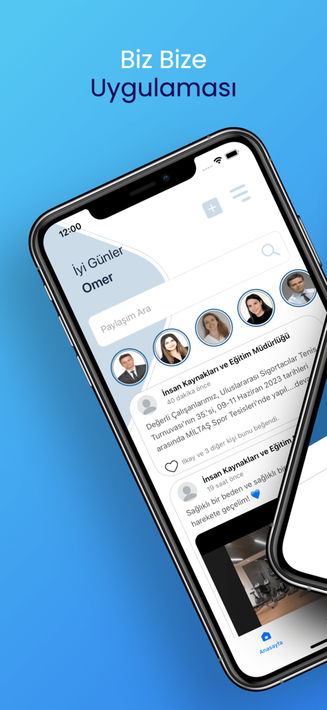 Biz Bize employee engagement app showing an internal social feed with corporate updates and employee profiles
