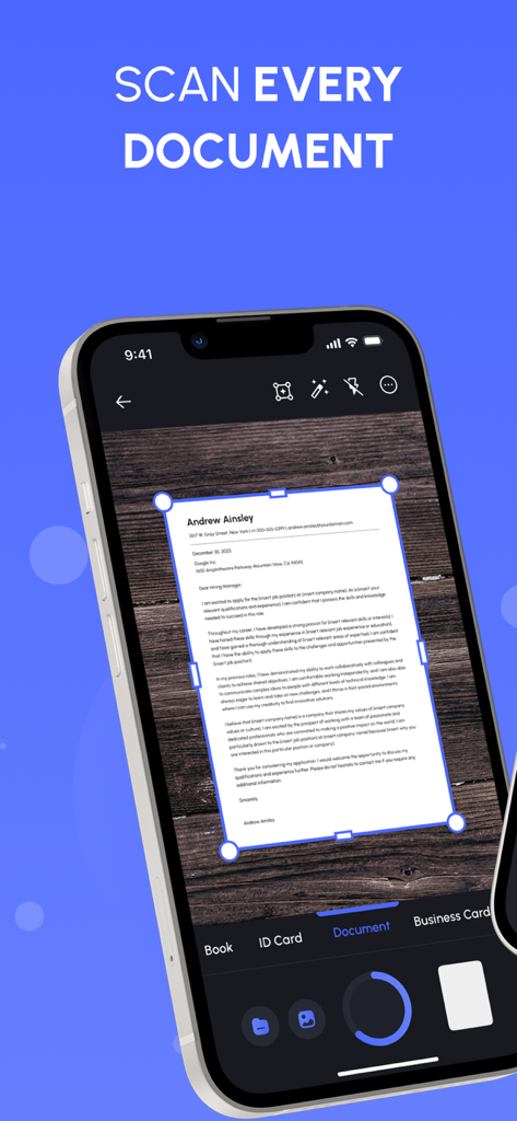 The PDF Scanner, PDF editor HQ - iPhone screen showing a document being scanned with automatic cropping borders