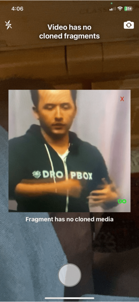 TruVideo - AI Detector - TruVideo app interface performing real-time AI detection on a video fragment to identify deepfakes or cloned media.