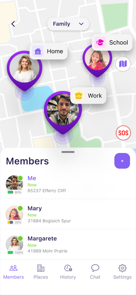 Find my Friends・Family Locator - Interfaz de aplicación móvil que muestra el seguimiento de la ubicación GPS en tiempo real de los miembros de la familia en un mapa con actualizaciones de estado