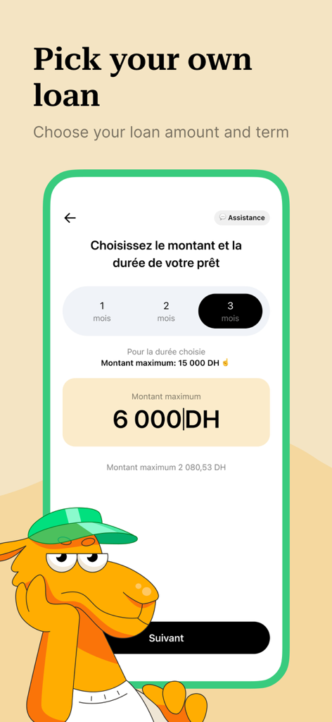 Credit+: Personal Loan App - Credit Plus app screen for picking a loan amount and repayment term in Moroccan Dirhams.