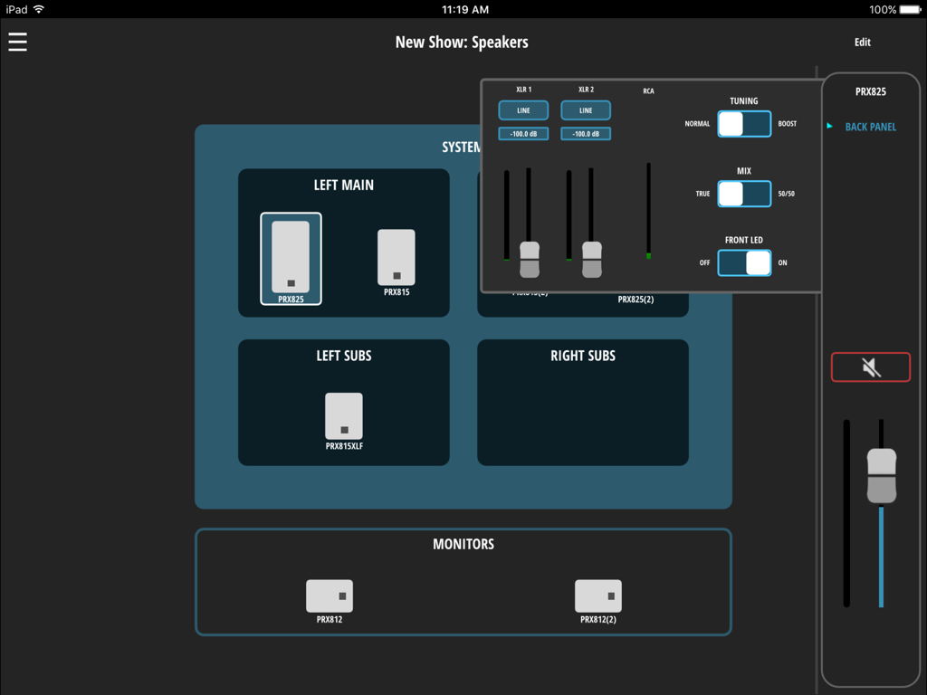 PRX Connect - PRX Connect iPad app interface showing speaker configuration and back panel settings for professional audio control